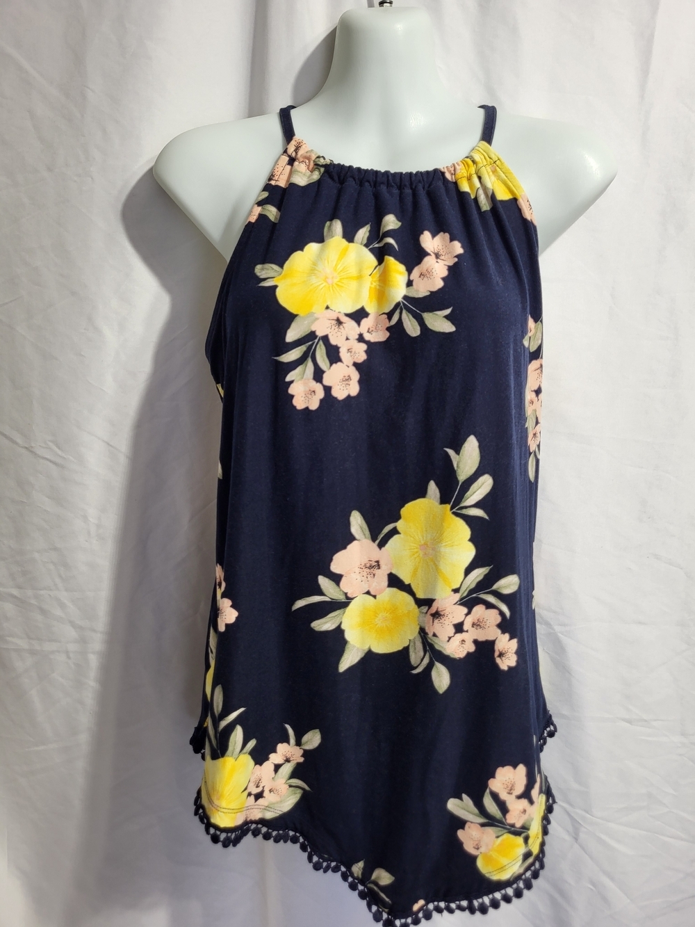 Suzy Shier Navy Halter Camisole with Yellow & Pink Floral Print, Size Small